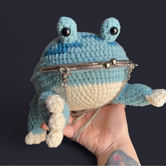 Handmade Handbags - Handmade Crochet Blue Speckled Frog Crossbody Purse